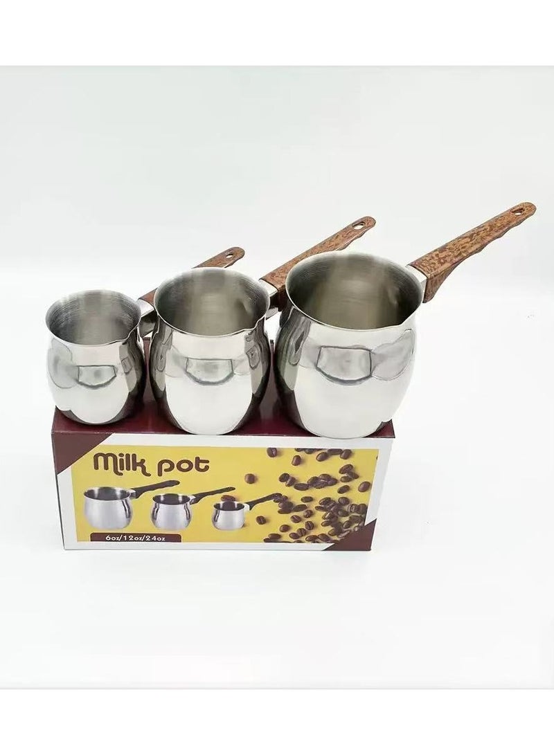 3 قطع من الفولاذ المقاوم للصدأ صانع القهوة العربية وعاء تسخين الشوكولاتة والحليب والزبدة وعاء تسخين صغير للزبدة مع فوهة موقد (200 مل، 400 مل، 600 مل، فضي) (فولاذ بمقبض بني) - Image 4